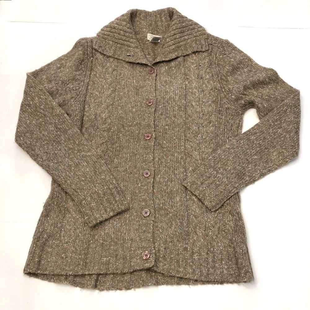 LL Bean Womens Cardigan Sweater‎ Womens M Brown Marled Collar Button Wool Blend